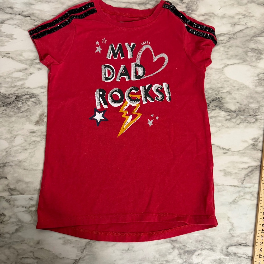 Kids Red My Dad Rocks Graphic T-Shirt Sequin Shoulder Stripes Short Sleeve